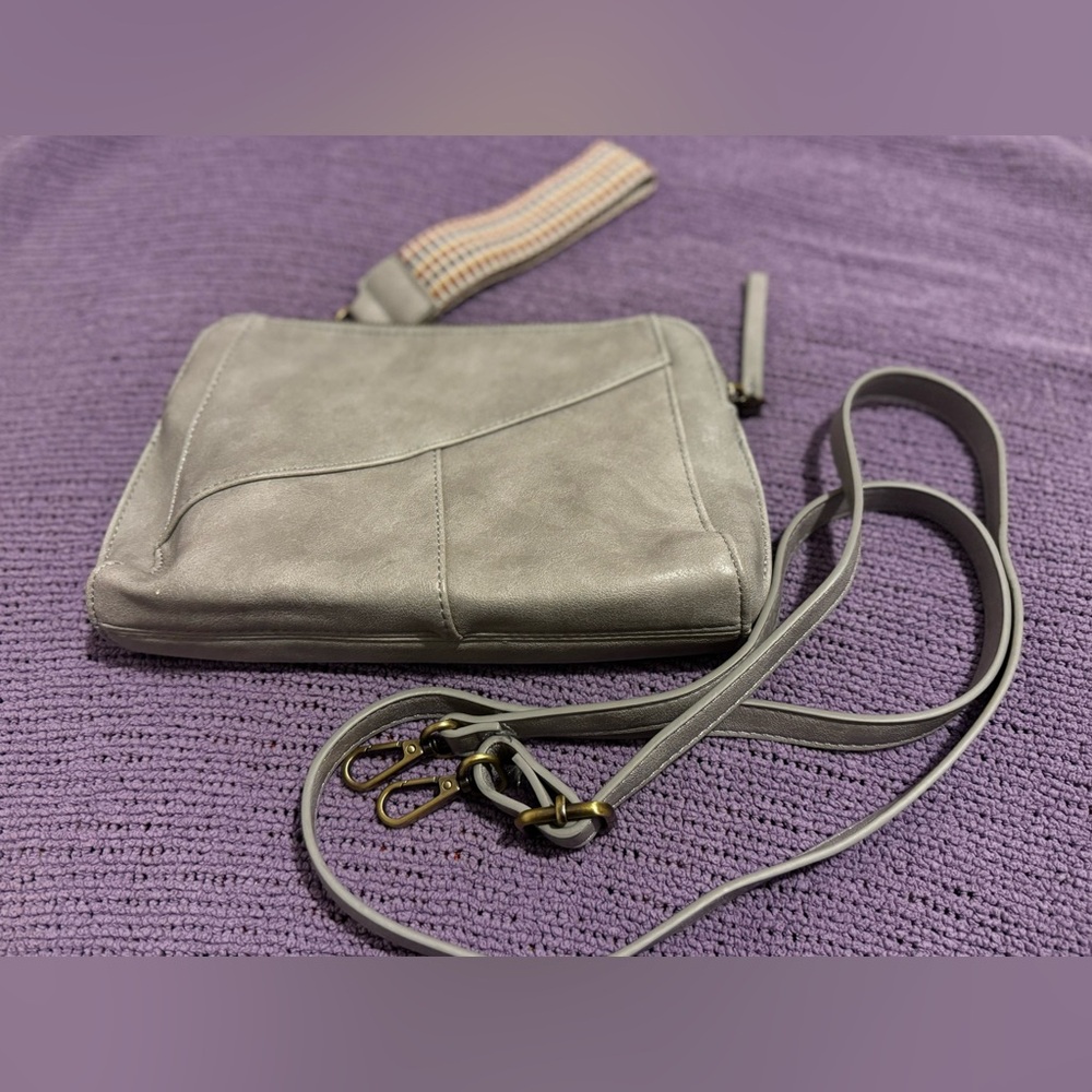 Joy Susan gray vegan leather crossbody with woven wristlet strap EUC